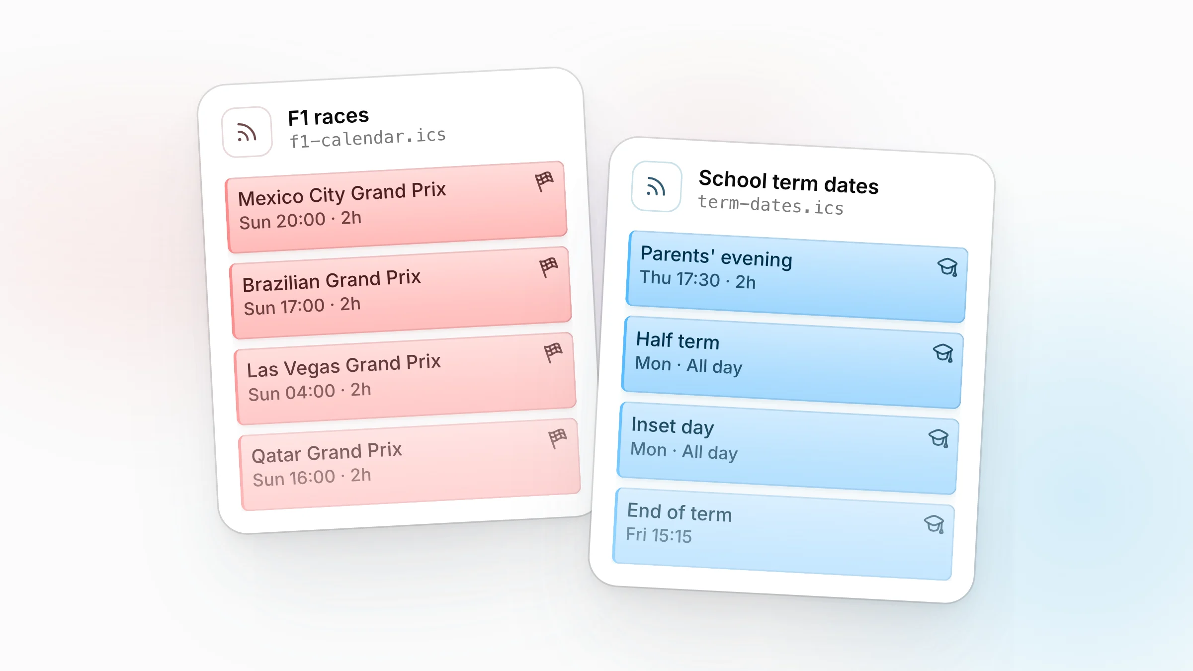 Two calendar subscriptions, F1 races and school term dates, each shown as a card with a subscription icon above a list of its events