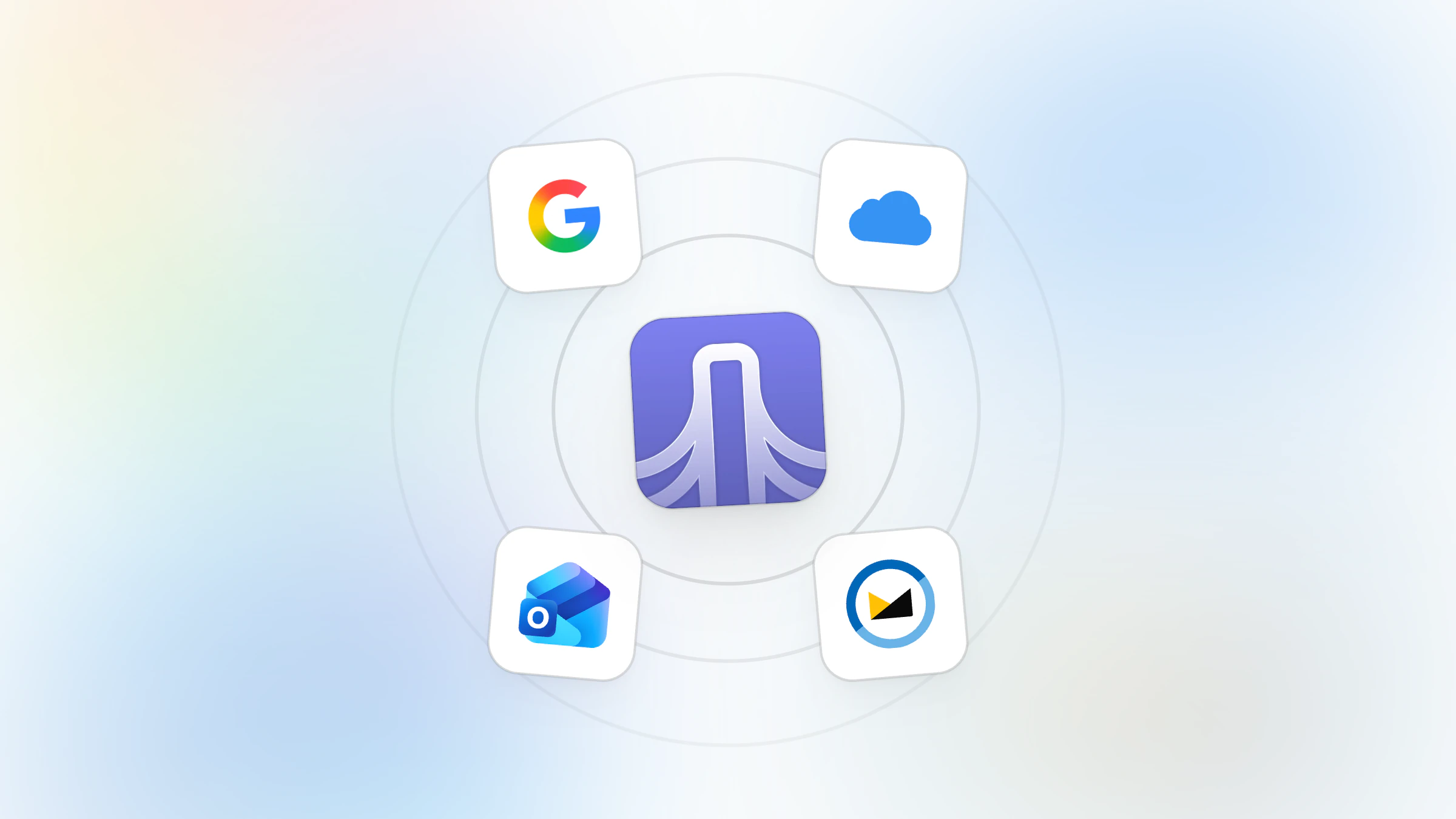 The Daybridge app icon surrounded by the Google, iCloud, Outlook, and Fastmail logos