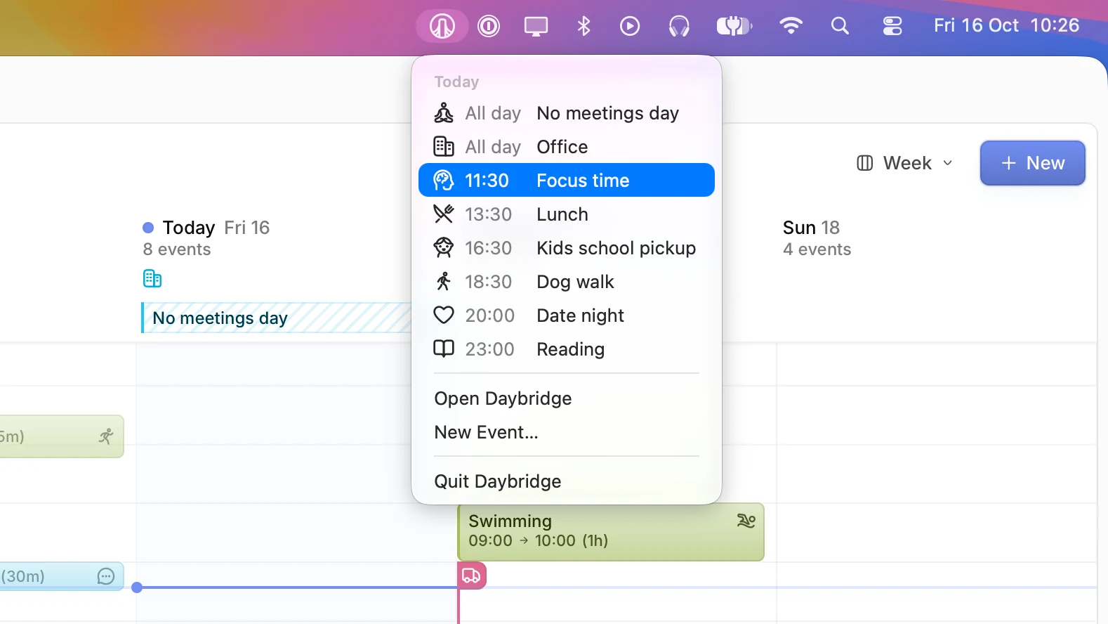 The Daybridge menu open in the Mac menu bar, listing today's events from No meetings day and Office to Focus time, Lunch, Kids school pickup, Dog walk, Date night, and Reading